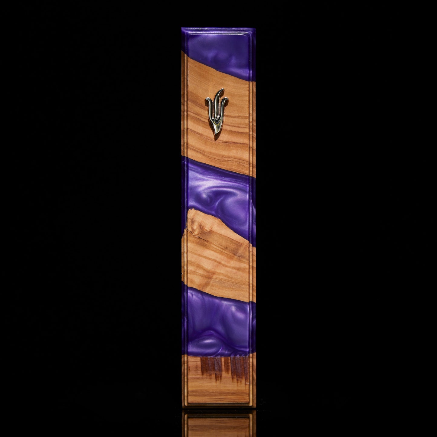 Wooden mezuzah with purple acrylic shield