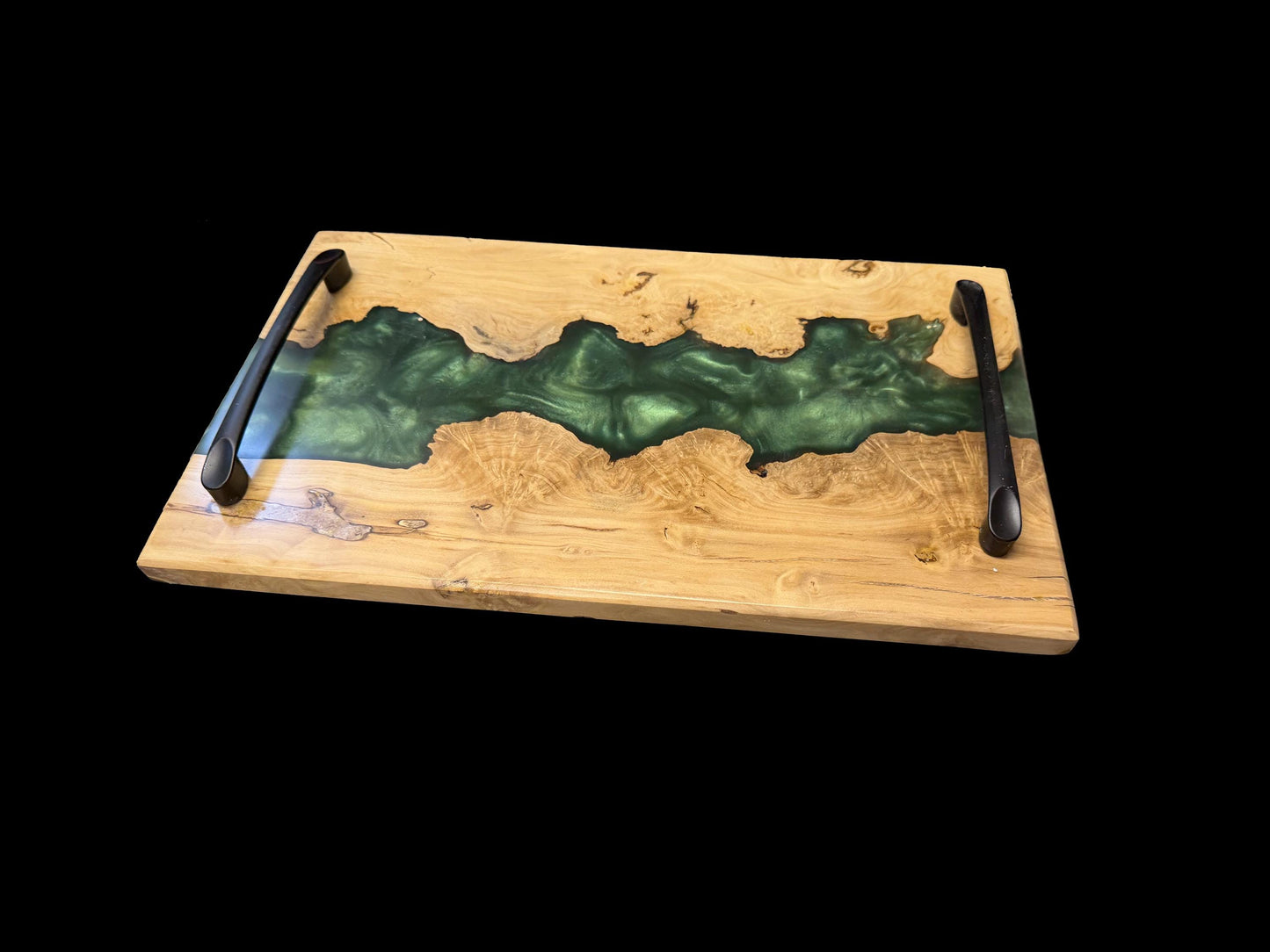 Epoxy wood serving tray with green resin and black handles