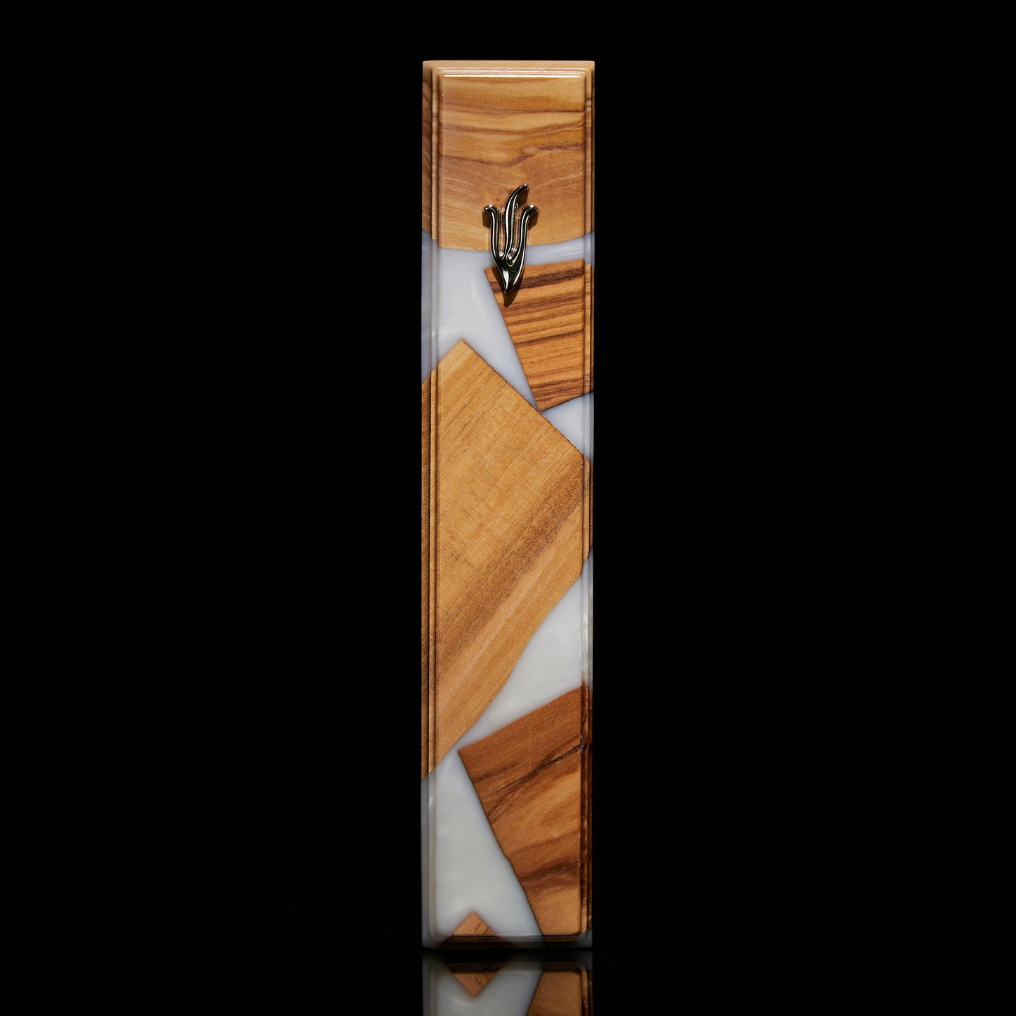 Wooden mezuzah with white acrylic shield