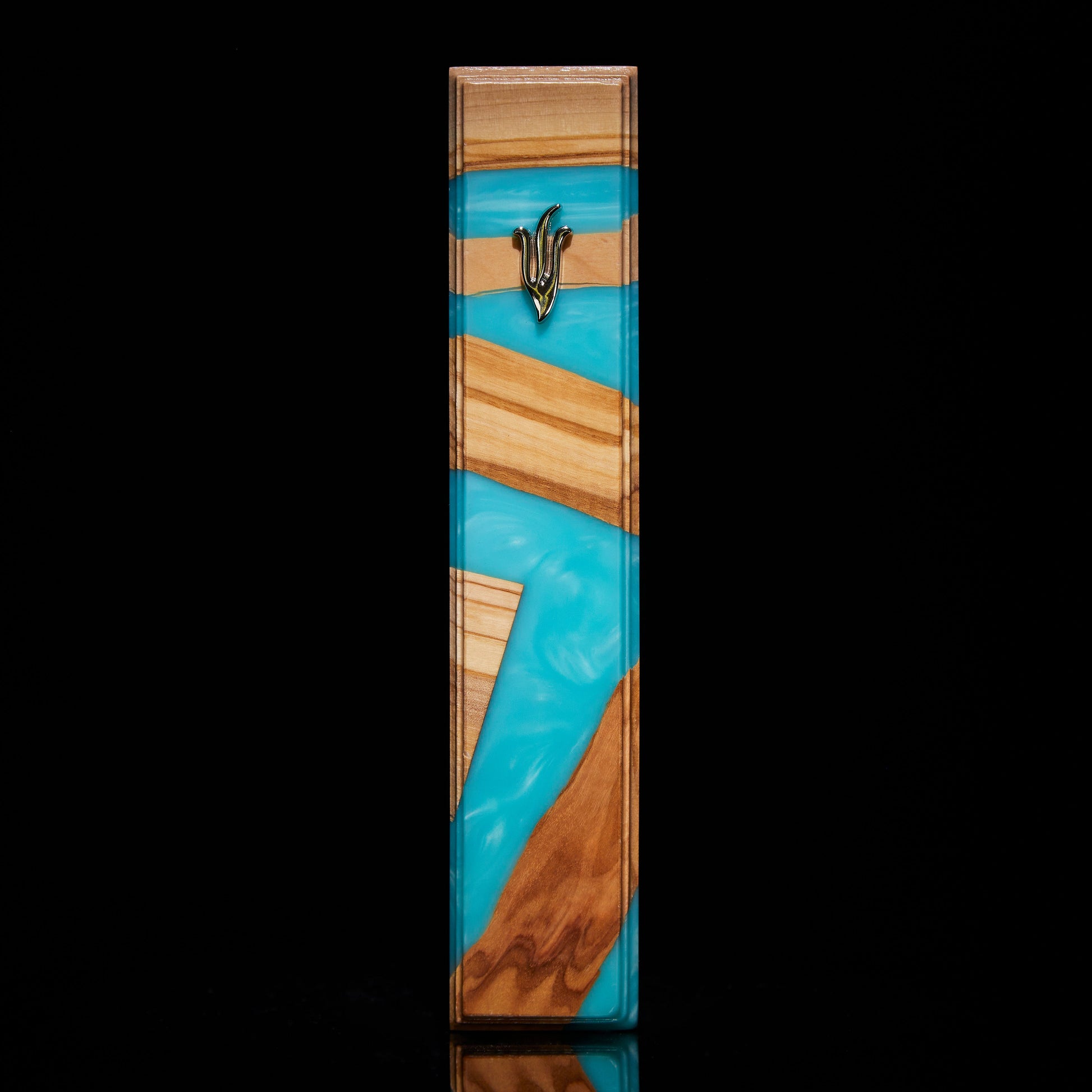Wooden mezuzah with turquoise acrylic shield